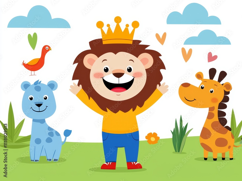 Naklejka premium A frisky lion cub with a crown, encircled by friends in a vivid jungle.