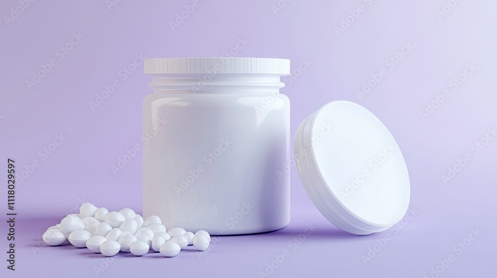 plastic jar for medicines on the table and white dragees and a lid lying next to each other. A white open jar on a purple-blue surface. Copy space. plastic jar for medicines on the table and white dragees and a lid lying next to each other. A white open jar on a purple-blue surface. Copy space.