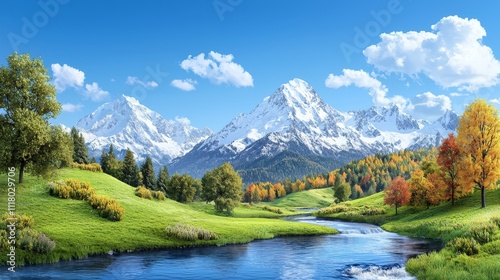 A peaceful scene with mountains, a river, and colorful autumn leaves.