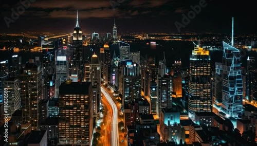 Wallpaper Mural Aerial city skyline at night, with many tall buildings lit up. Streets are visible Torontodigital.ca