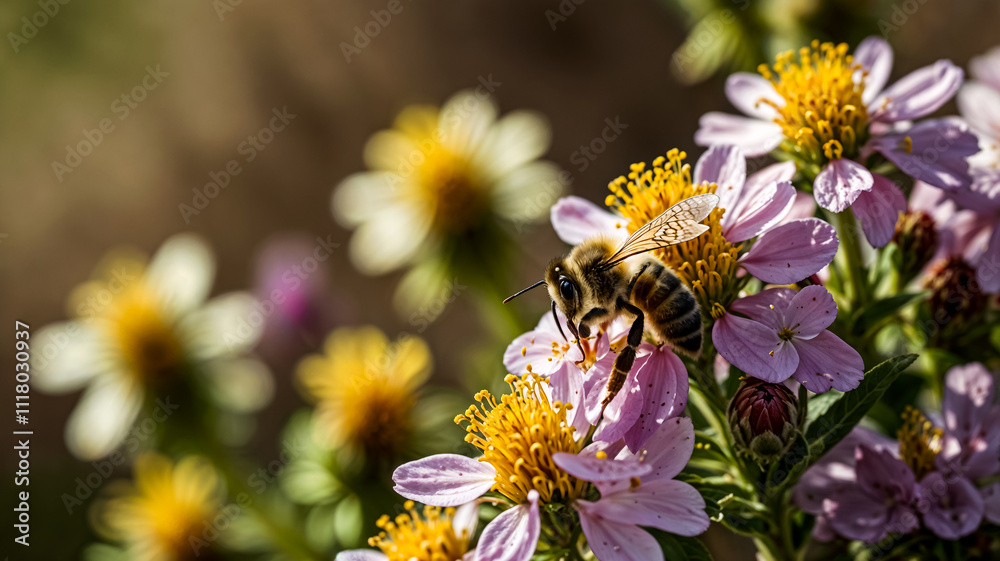 a bee is on a purple flower with yellow petals. a bee is on a purple flower with yellow petals.