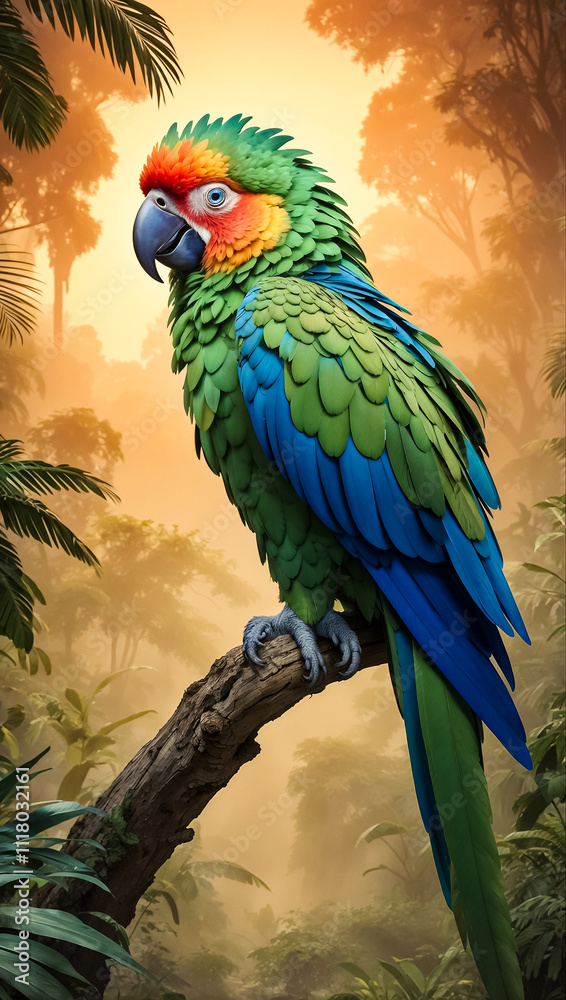 Fototapeta premium a parrot is perched on a branch in a tropical forest.