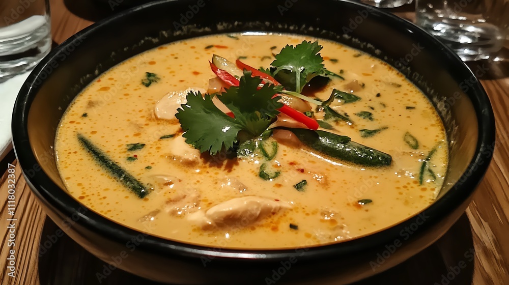 A delicious bowl of spicy coconut curry with fresh ingredients. A delicious bowl of spicy coconut curry with fresh ingredients.