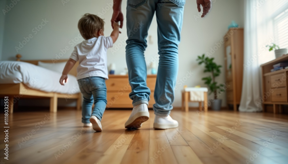 Father, toddler son walk together on hardwood floor in house. Hold hands. Casual attire. Indoor scene. Family time. Bonding moment. Gentle stroll. Love, connection between father, child. Warm Father, toddler son walk together on hardwood floor in house. Hold hands. Casual attire. Indoor scene. Family time. Bonding moment. Gentle stroll. Love, connection between father, child. Warm