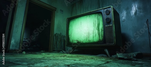 Green blank display television TV on dark horror room at night. Generative AI technology.