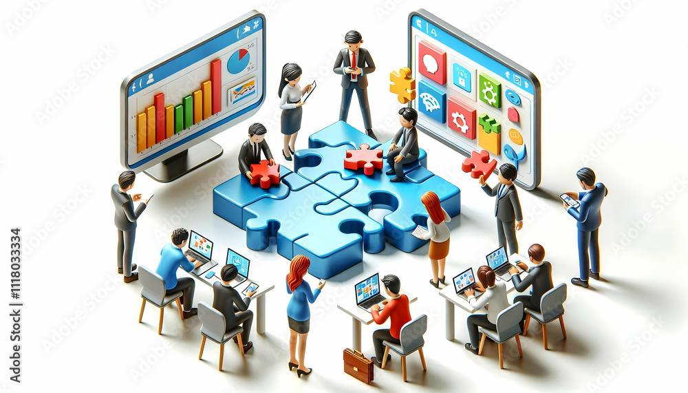 3D Employees collaborating on interactive puzzle in open office copy space on left. concept as Employees collaborating on an interactive puzzle in an open office emphasizing collaboration and innovati 3D Employees collaborating on interactive puzzle in open office copy space on left. concept as Employees collaborating on an interactive puzzle in an open office emphasizing collaboration and innovati