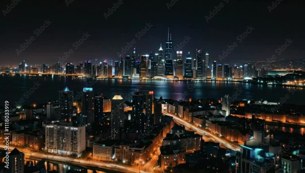 Aerial city skyline at night, with many tall buildings lit up. Streets are visible Aerial city skyline at night, with many tall buildings lit up. Streets are visible