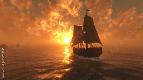 A sailing ship navigating through serene waters at sunset. photo