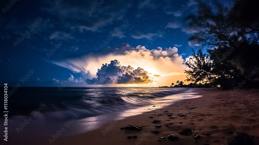 A serene beach at night illuminated by glowing clouds and water. A serene beach at night illuminated by glowing clouds and water.