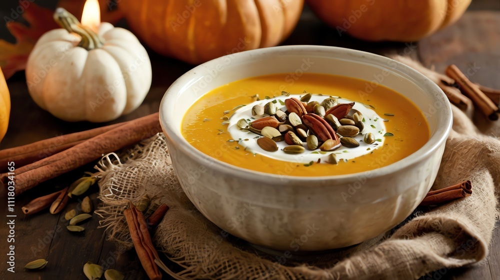 A bowl of creamy pumpkin soup, topped with spices, sits on a wooden table, surrounded by pumpkins and fall leaves A bowl of creamy pumpkin soup, topped with spices, sits on a wooden table, surrounded by pumpkins and fall leaves