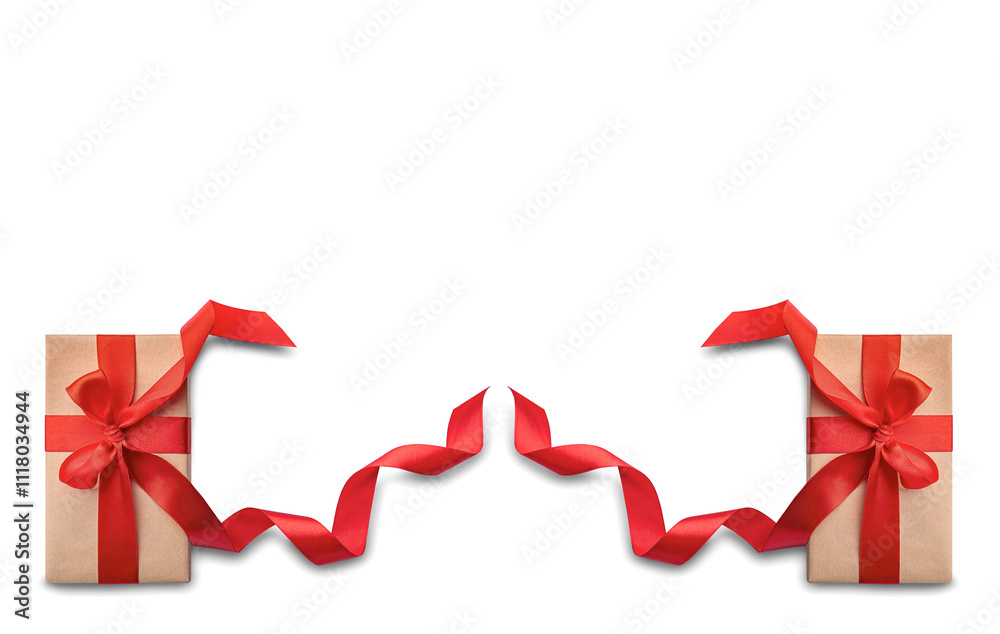 Gift boxes with red ribbon on white background, top view.