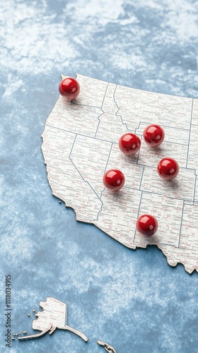 Red pins highlight selected locations on a blue map of the USA, illustrating travel planning and destination choices across the country