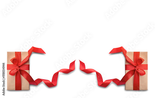 Obraz na płótnie Gift boxes with red ribbon on white background, top view. w salonie