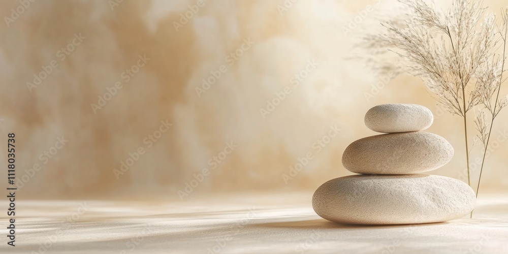 Tranquil arrangement of smooth stones and delicate grass against a warm, neutral background in a serene setting