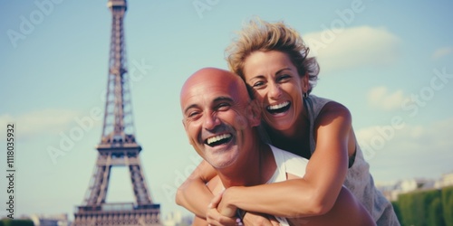 Mature couple showing love near eiffel tower.  Paris the city of love. Generative AI.