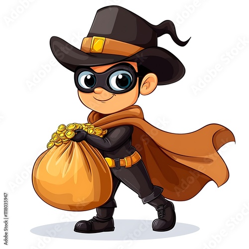 Cartoon thief with a bag of gold and a mask on a white background photo