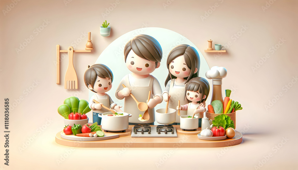 3D Family cooking together on soft abstract background copy space on right. concept as A joyful family cooking together in a kitchen with a soft abstract background showcasing happiness and teamwork d 3D Family cooking together on soft abstract background copy space on right. concept as A joyful family cooking together in a kitchen with a soft abstract background showcasing happiness and teamwork d