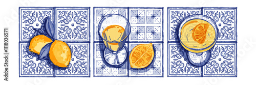 Mediterranean azulejo table ceramic, summer watercolor Italian illustration, vector limoncello glass. Blue mosaic ornament tile, cocktail, Sicily lemon cafe decoration border. Mediterranean azulejo