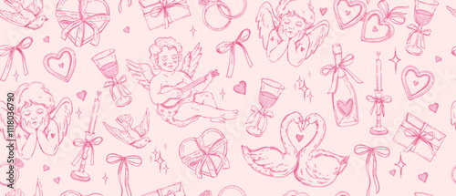 Coquettish Valentine Day seamless pattern, vector hand drawn pink wedding texture, heart, wineglass. Cute cherub romantic love endless print, cupid bohemian aesthetic wrapping paper. Valentine pattern