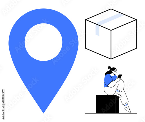 Location pin, package box, and woman using tablet while sitting on a box. Ideal for delivery services, shipping, tracking, logistics, e-commerce, package management and digital navigation themes