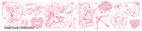 Foto Valentine Day cherub doodle set, vector hand drawn love collection, cute cartoon cupid harp heart