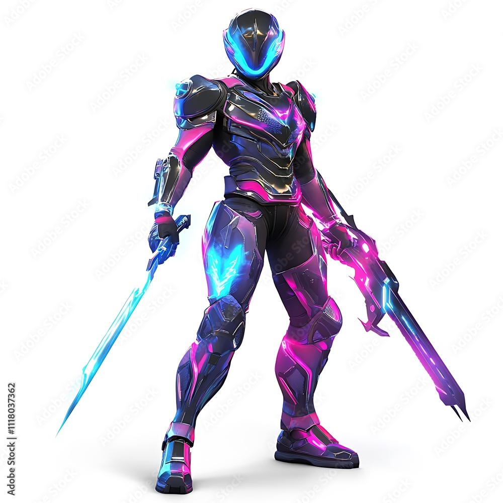 Obraz premium Gaming character with a glowing armor suit and energy sword on a white background