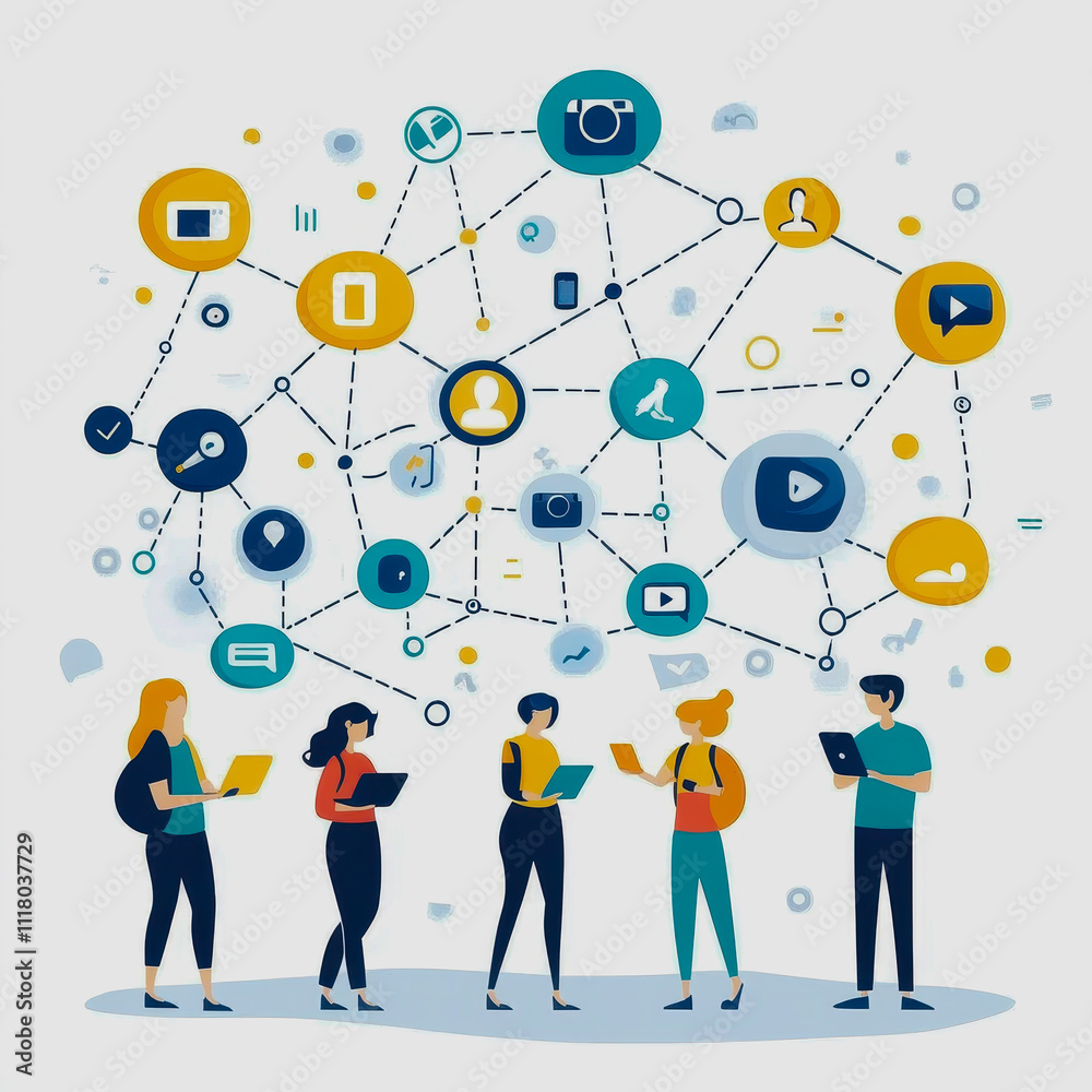 Diverse group of people using tablets and smartphones connected by a network of digital icons representing technology and communication in modern society Diverse group of people using tablets and smartphones connected by a network of digital icons representing technology and communication in modern society