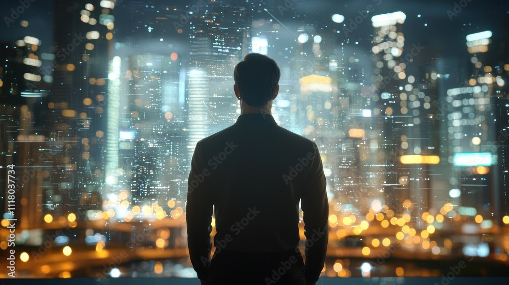 Pensive man looks over a city skyline at night Pensive man looks over a city skyline at night