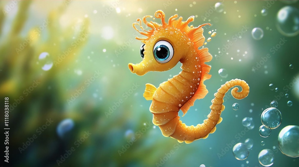 Adorable Cartoon Seahorse Underwater Bubbles Ocean Life Cute Marine Animal Childrens Illustration Adorable Cartoon Seahorse Underwater Bubbles Ocean Life Cute Marine Animal Childrens Illustration