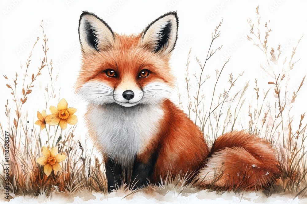 Fototapeta premium A charming illustration of a fox sitting among flowers and grass.