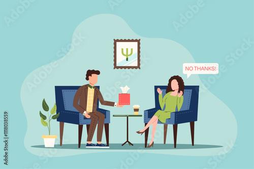 Psychotherapist or psychologist and patient on psychotherapy session.  Doctor hands a box of napkins to a patient, the woman refuses help. Concept of psychotherapy session. Flat vector illustration