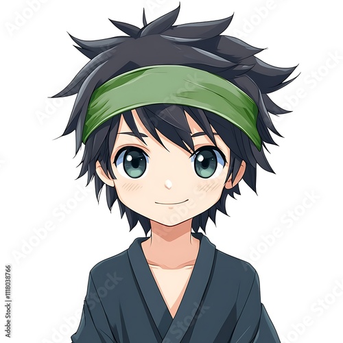 Anime Boy with Green Headband in Ninja Outfit on White Background photo