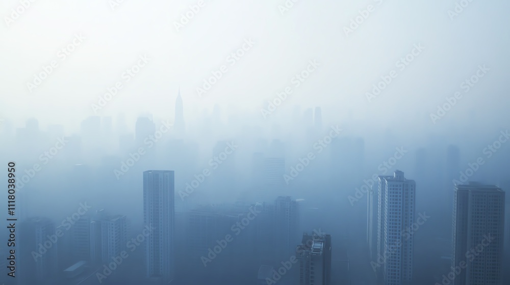 City skyline enveloped in mist and fog, creating a moody atmosphere. City skyline enveloped in mist and fog, creating a moody atmosphere.