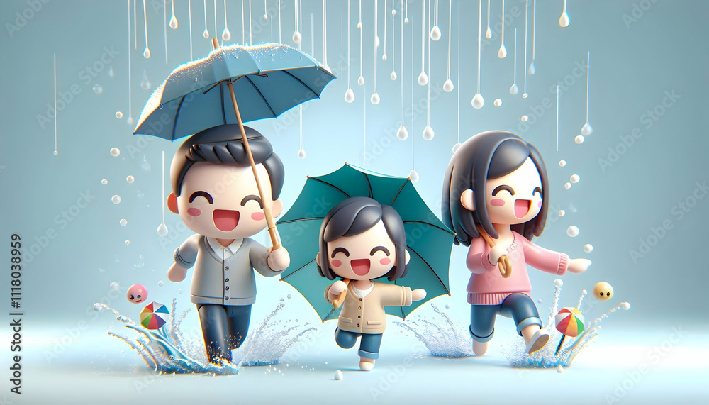 Obraz premium 3D Family playing in the rain with umbrellas capturing joyful splashes plain background on right. concept as A joyful family playing in the rain with umbrellas capturing splashes and laughter set agai