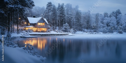 Winter evening glow reflecting off a serene lake surrounded by snow-covered trees near a cozy cabin