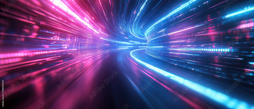 Obraz premium A vibrant, futuristic scene featuring dynamic blue and pink light trails, creating a sense of speed and movement along a digital pathway.