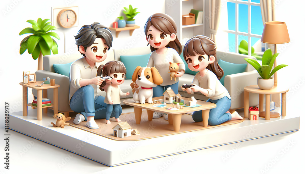 3D Family playing with pets in the living room capturing joyful moments and playful interactions copy space below. concept as A joyful family playing with pets together in the living room capturing jo 3D Family playing with pets in the living room capturing joyful moments and playful interactions copy space below. concept as A joyful family playing with pets together in the living room capturing jo