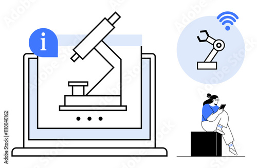 Microscope displayed on laptop screen, robotic arm with wireless signal, studying student with tablet. Ideal for education, technology, science, online learning, students, digital tools