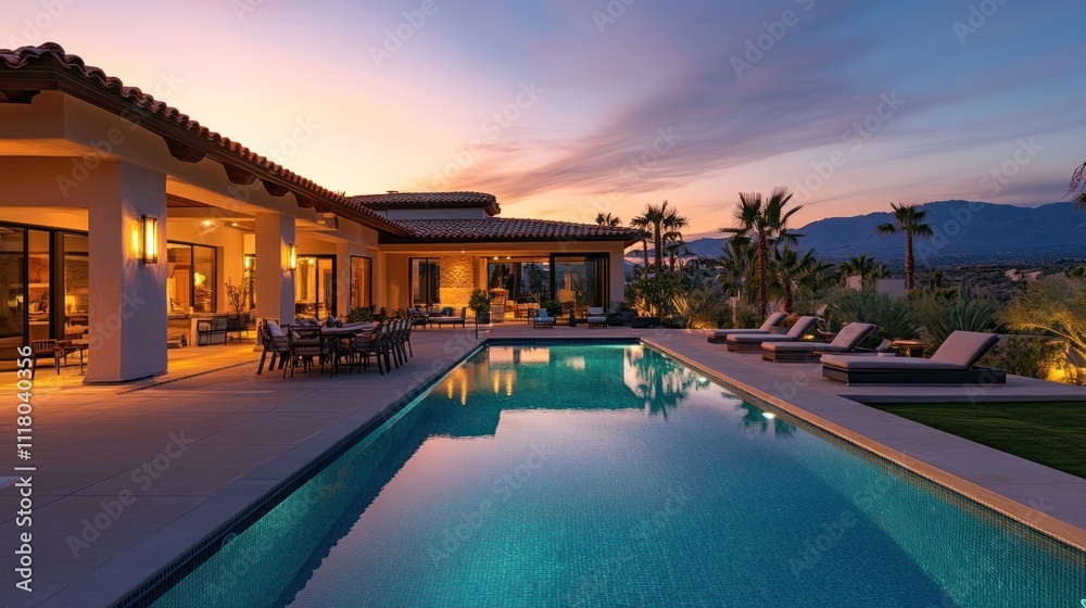Fototapeta premium Luxury Villa with Pool and Mountain View at Sunset