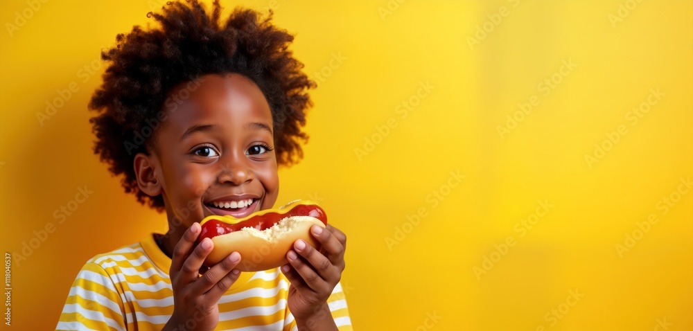 Naklejka premium Happy child enjoys hot dog. Studio shot of cute African American boy happily eating classic hot dog against bright yellow background. Boy holds hot dog with ketchup, mustard. Bright color, happy