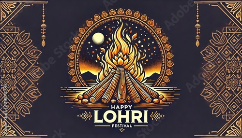 Punjabi festival Lohri celebration bonfire background. Vector illustration.