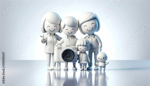 3D Family taking family portraits with camera capturing smiles and connection glossy background on left. concept as A joyful family taking family portraits with a camera capturing smiles and deep conn photo