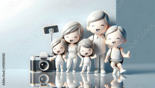 3D Family taking family portraits with camera capturing smiles and connection glossy background on left. concept as A joyful family taking family portraits with a camera capturing smiles and deep conn photo