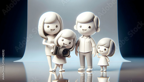 3D Family taking family portraits with camera capturing smiles and connection glossy background on left. concept as A joyful family taking family portraits with a camera capturing smiles and deep conn photo