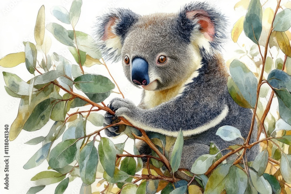 A koala perched on a branch surrounded by eucalyptus leaves in a watercolor style. A koala perched on a branch surrounded by eucalyptus leaves in a watercolor style.