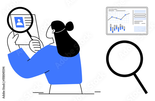 Woman holding magnifying glass over a profile with analytical chart on the side and separate magnifying glass icon. Ideal for recruitment, data analysis, HR, business analytics, research, job search