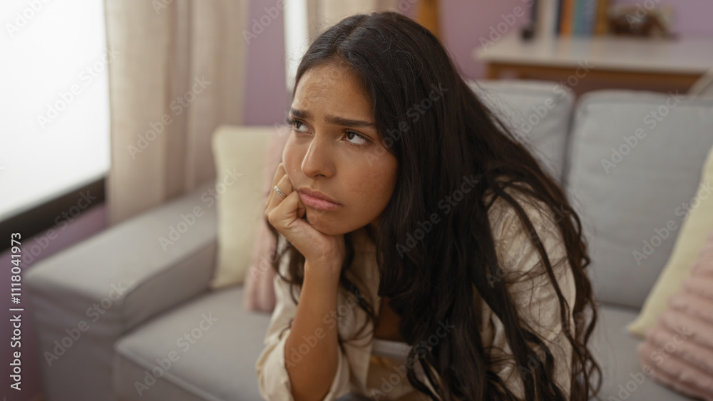 Young woman brunette sitting in living room looking thoughtful and pensive in home interior Young woman brunette sitting in living room looking thoughtful and pensive in home interior