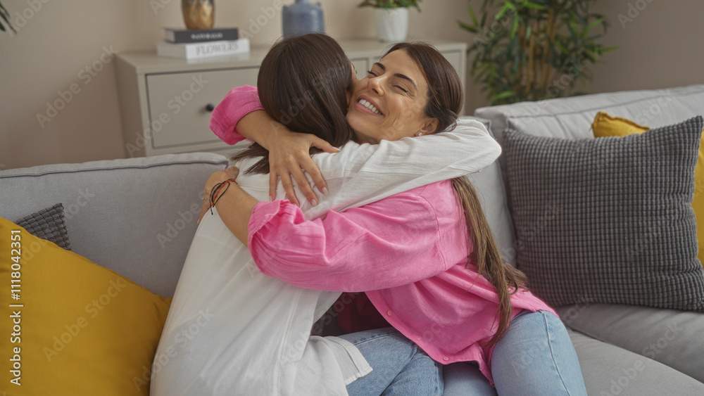 Two happy women embrace warmly on a cozy living room couch, showcasing their friendship or sisterly bond in a home setting adorned with vibrant cushions and indoor plants. Two happy women embrace warmly on a cozy living room couch, showcasing their friendship or sisterly bond in a home setting adorned with vibrant cushions and indoor plants.