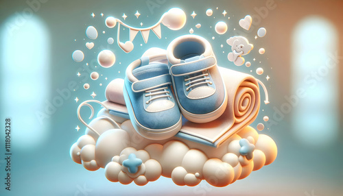 3D Floating first child shoes and blanket concept as A heartwarming vector of a pair of first child shoes and a baby blanket floating together on a soft abstract bokeh background symbolizing parenthoo photo