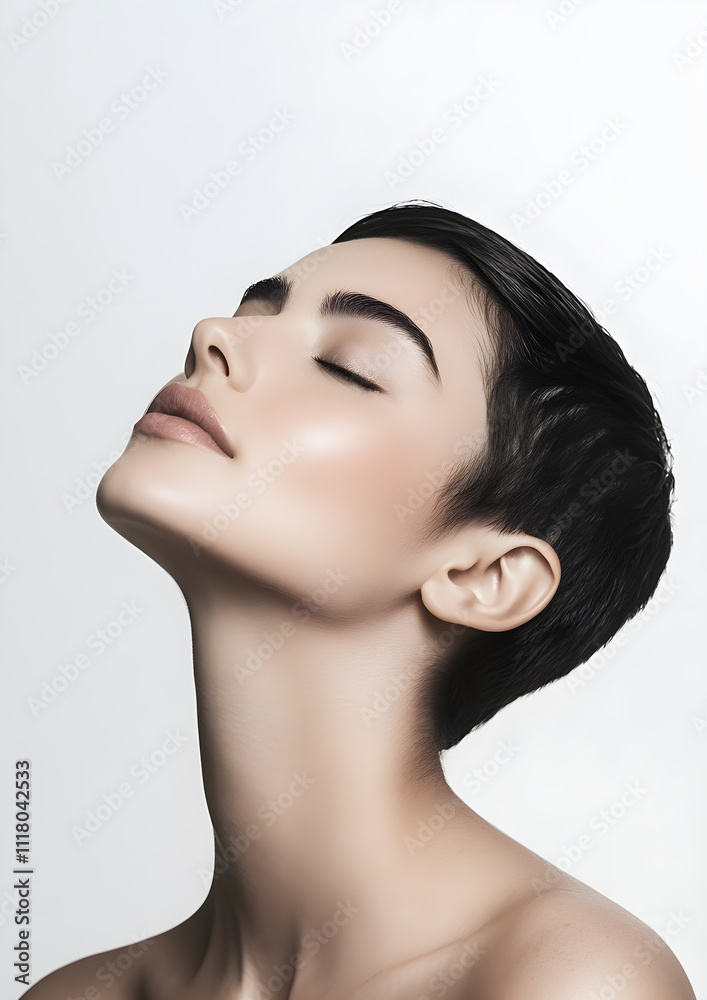 A beautiful woman with flawless skin is looking up in profile against a white background. Generative AI. A beautiful woman with flawless skin is looking up in profile against a white background. Generative AI.